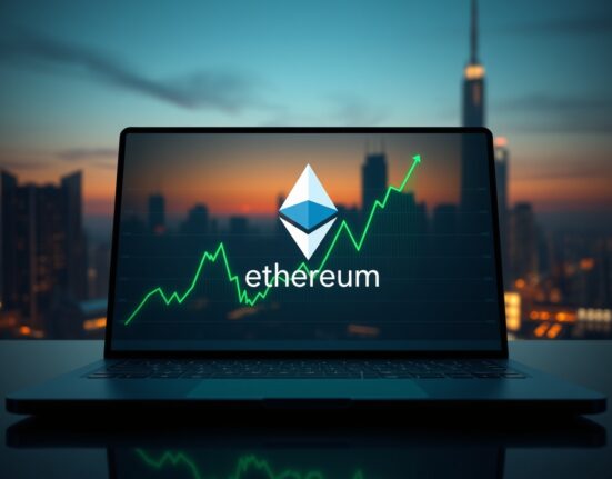 Ethereum logo displayed on a digital interface with a rising chart, symbolizing bullish market sentiment.