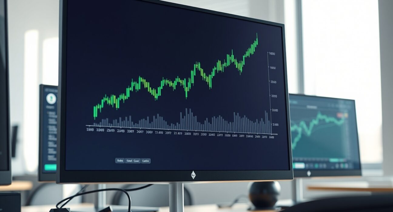Ethereum price chart showing a bullish trend on a professional trading terminal, representing market analysis.
