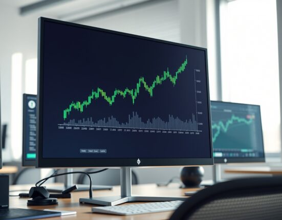 Ethereum price chart showing a bullish trend on a professional trading terminal, representing market analysis.