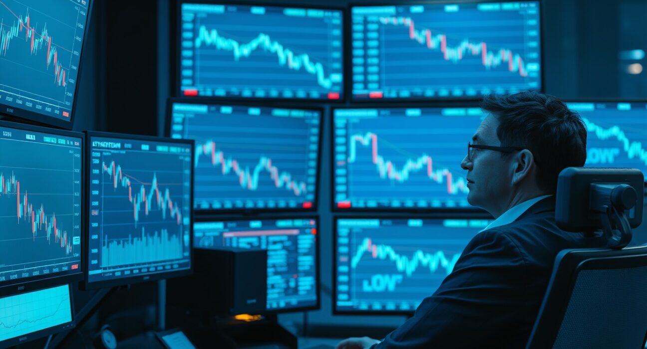 Financial analyst studying Ethereum price charts showing a significant downward trend in a modern trading office.