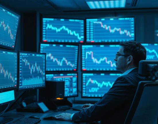 Financial analyst studying Ethereum price charts showing a significant downward trend in a modern trading office.