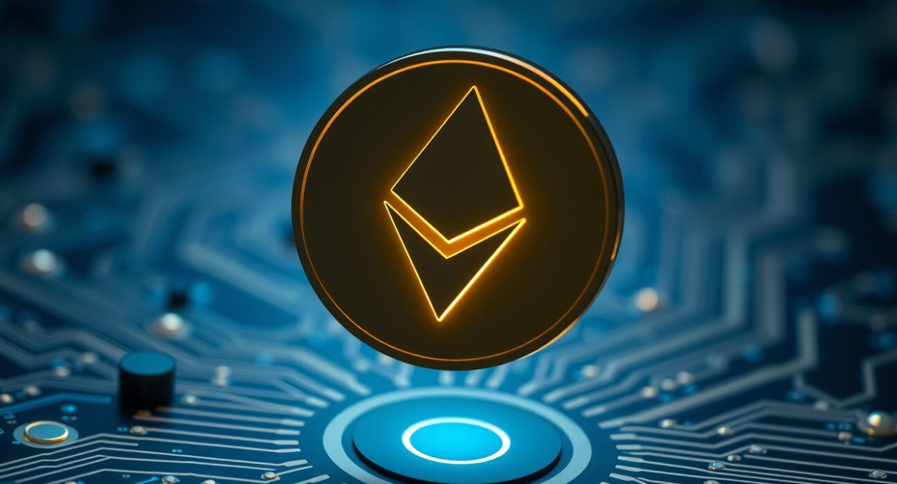 Ethereum Classic coin symbol on a futuristic circuit board background