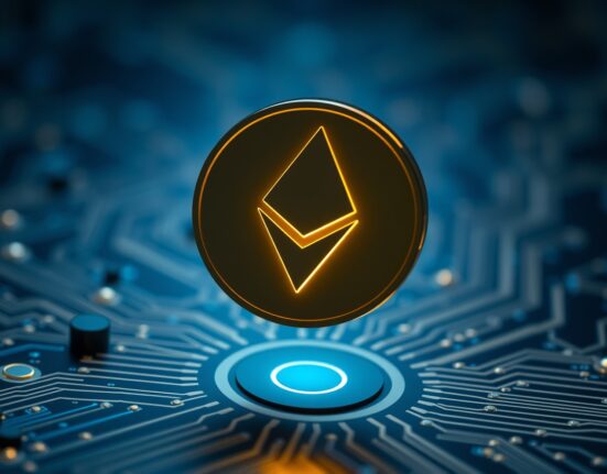 Ethereum Classic coin symbol on a futuristic circuit board background