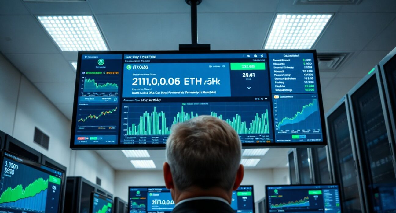 Financial analyst monitors showing Ethereum blockchain transaction data and Sky Protocol vault interface