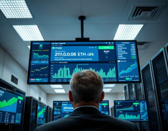 Financial analyst monitors showing Ethereum blockchain transaction data and Sky Protocol vault interface