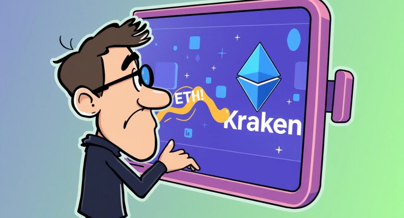 A cartoon illustration of an Ethereum co-founder depositing ETH to an exchange, signaling a crucial market event.