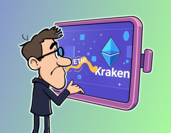 A cartoon illustration of an Ethereum co-founder depositing ETH to an exchange, signaling a crucial market event.