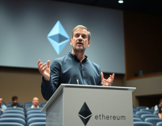 Joseph Lubin speaking at a tech conference, emphasizing Ethereum's low fee strategy for ecosystem growth.