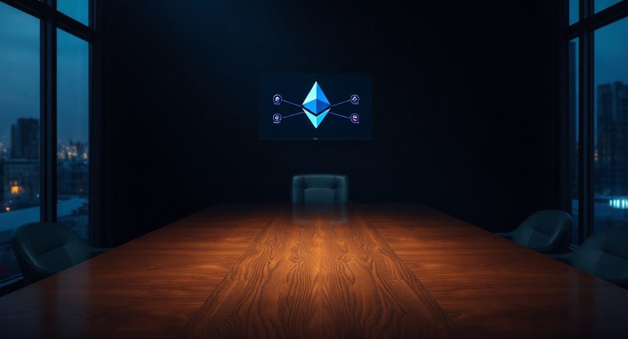 Empty boardroom chair with a dimly lit computer monitor showing an Ethereum network diagram with red nodes.