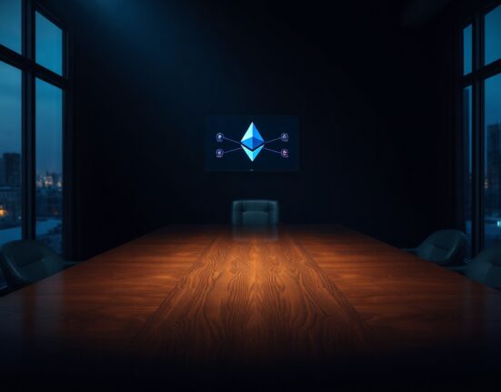 Empty boardroom chair with a dimly lit computer monitor showing an Ethereum network diagram with red nodes.
