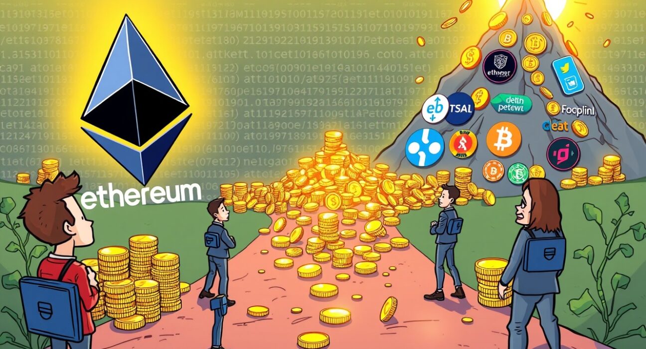 Cartoon depicting Ethereum core developers contemplating higher salary offers from other projects, highlighting the financial disparity.