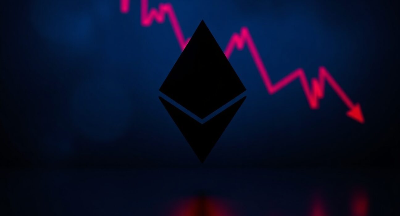 Ethereum logo against a dark background with faint red downward trend lines, representing bearish market pressure.