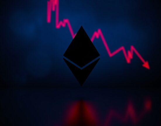 Ethereum logo against a dark background with faint red downward trend lines, representing bearish market pressure.