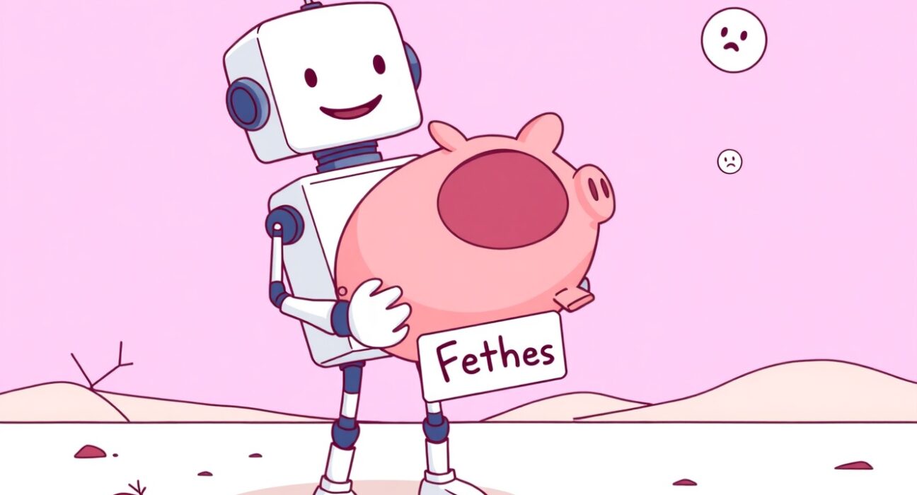 A cheerful cartoon robot holding a nearly empty Ethereum fees piggy bank, symbolizing low network transaction costs.