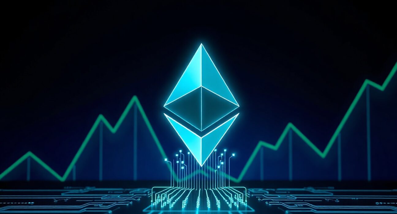 Ethereum logo with upward trending graph representing increased transaction volume
