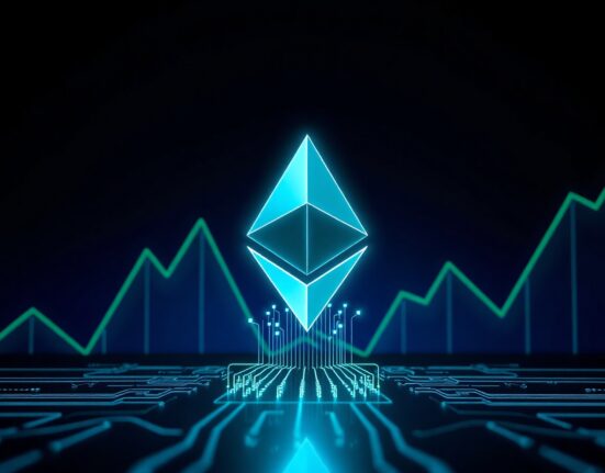 Ethereum logo with upward trending graph representing increased transaction volume