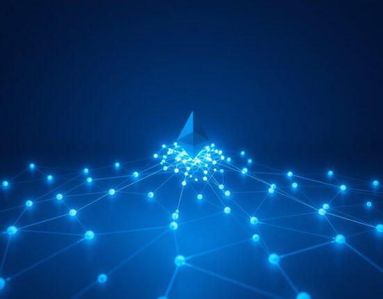 Visualization of record-high Ethereum network transaction activity and blockchain fundamentals.
