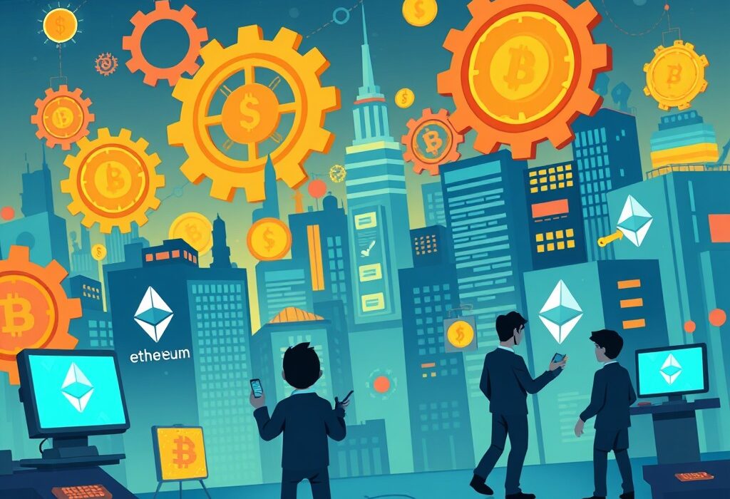 Cartoon illustration showing thriving Ethereum dApp activity with interconnected digital elements and users engaging with decentralized applications.