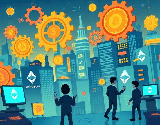 Cartoon illustration showing thriving Ethereum dApp activity with interconnected digital elements and users engaging with decentralized applications.