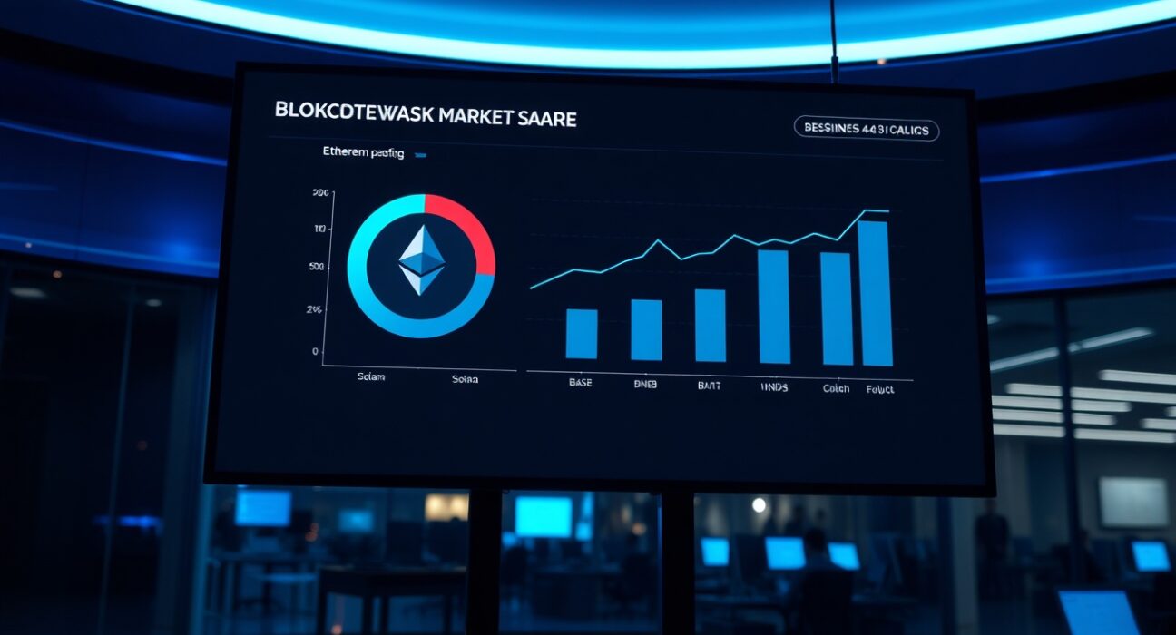 Data dashboard showing Ethereum DeFi TVL market share decline compared to Solana, Base, and BNB Chain in a professional newsroom setting.