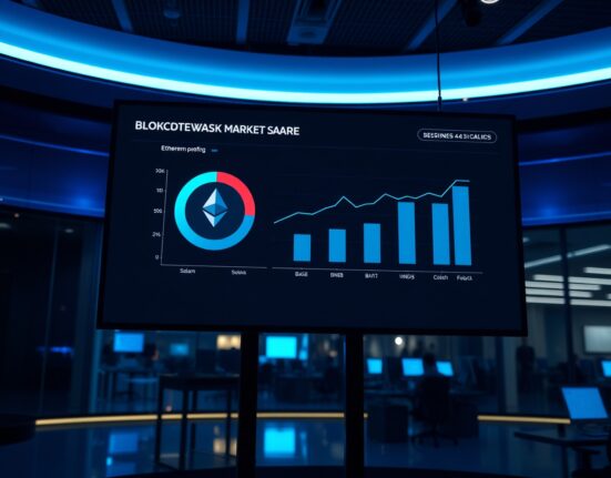 Data dashboard showing Ethereum DeFi TVL market share decline compared to Solana, Base, and BNB Chain in a professional newsroom setting.