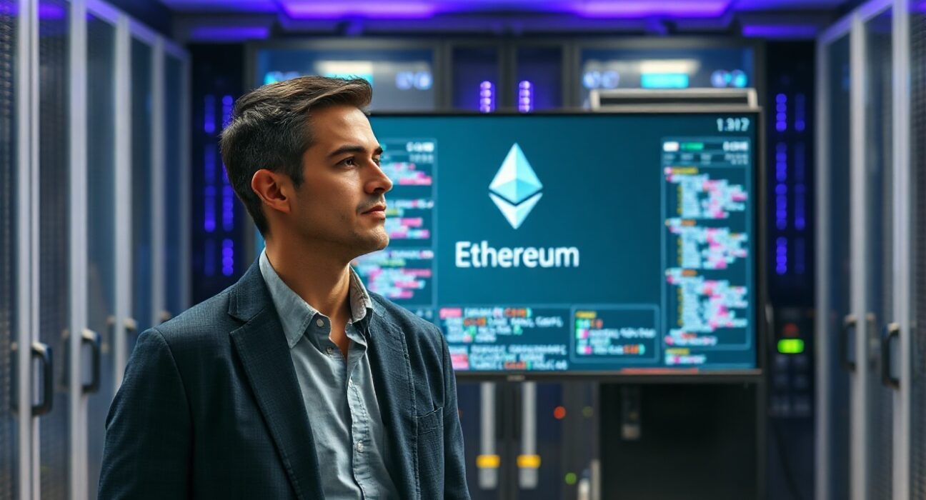 Ethereum developer reviewing upgrade plans in a data center with blockchain visualization