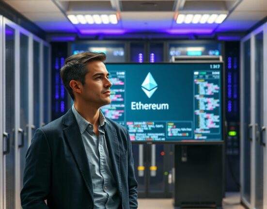Ethereum developer reviewing upgrade plans in a data center with blockchain visualization