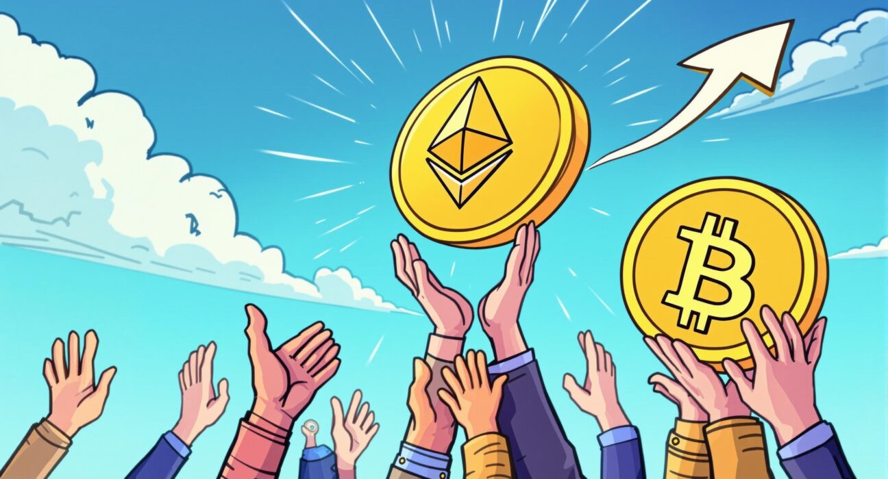 A cartoon illustration showing Ethereum rising powerfully due to institutional demand, outperforming Bitcoin.