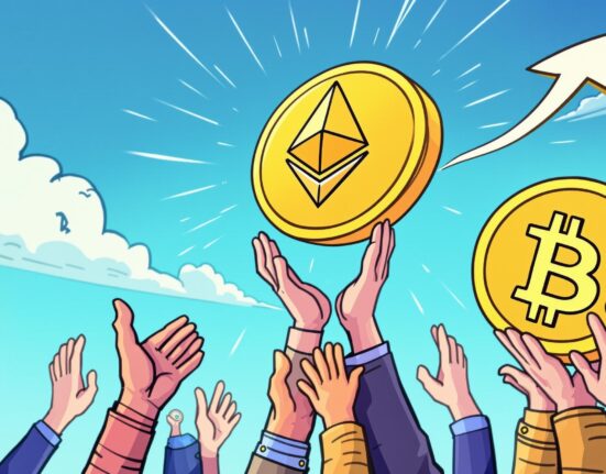 A cartoon illustration showing Ethereum rising powerfully due to institutional demand, outperforming Bitcoin.