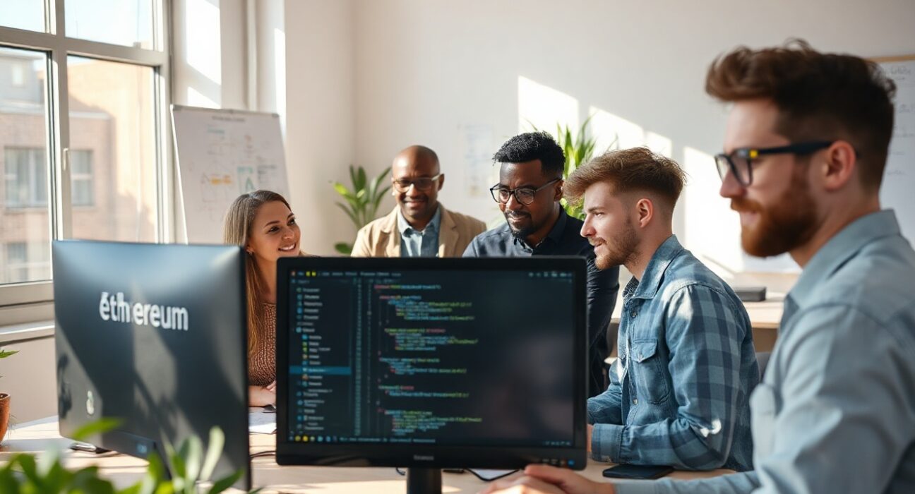 Developers collaborating on Ethereum blockchain code in a modern co-working space