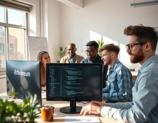 Developers collaborating on Ethereum blockchain code in a modern co-working space