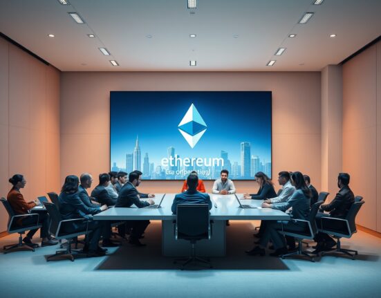 Ethereum developers discussing Vitalik Buterin's Lean Ethereum roadmap in a modern conference room