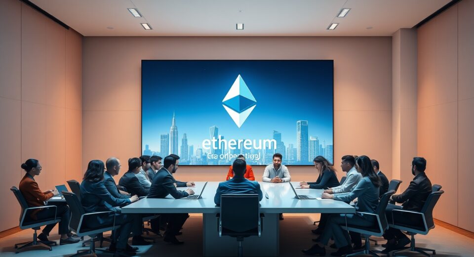 Ethereum developers discussing Vitalik Buterin's Lean Ethereum roadmap in a modern conference room