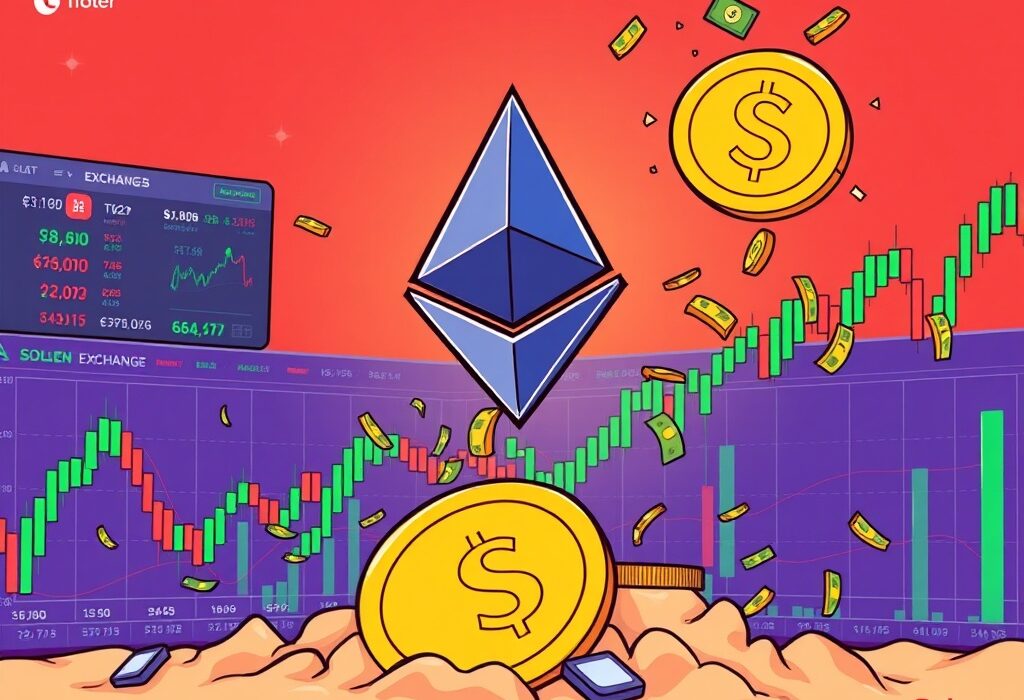 An illustration showing Ethereum DEX volumes dramatically rising, symbolizing its recent dominance over Solana due to significant ETF inflows.