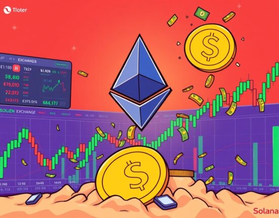 An illustration showing Ethereum DEX volumes dramatically rising, symbolizing its recent dominance over Solana due to significant ETF inflows.
