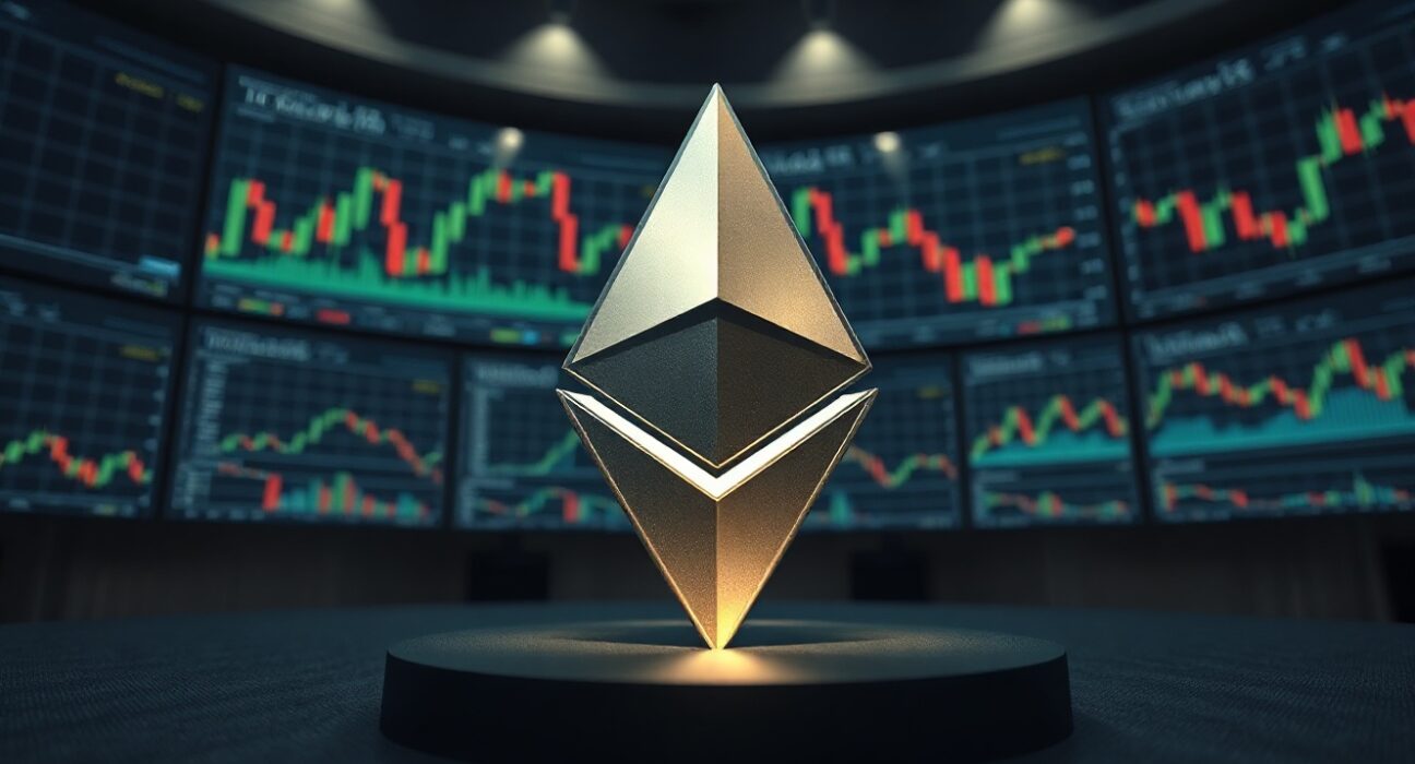 Ethereum logo in front of trading monitors showing double bottom chart pattern