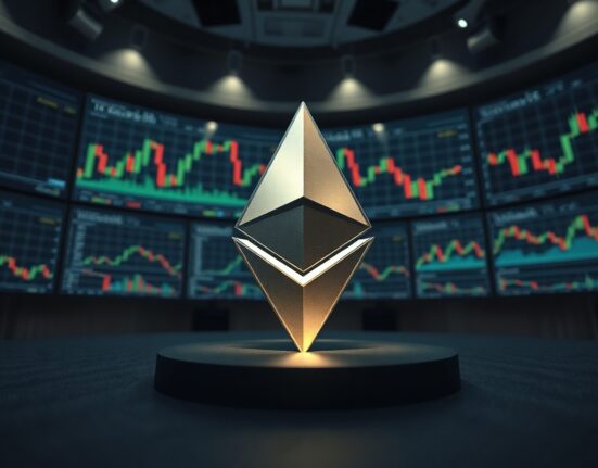 Ethereum logo in front of trading monitors showing double bottom chart pattern