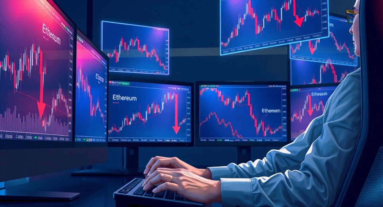Analyst reviewing Ethereum price charts on multiple monitors in a modern newsroom