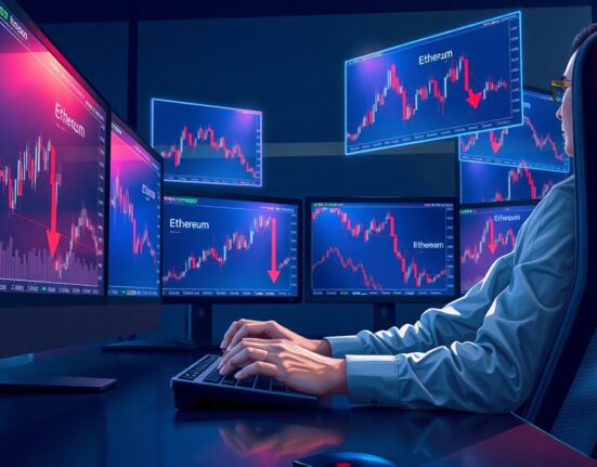 Analyst reviewing Ethereum price charts on multiple monitors in a modern newsroom