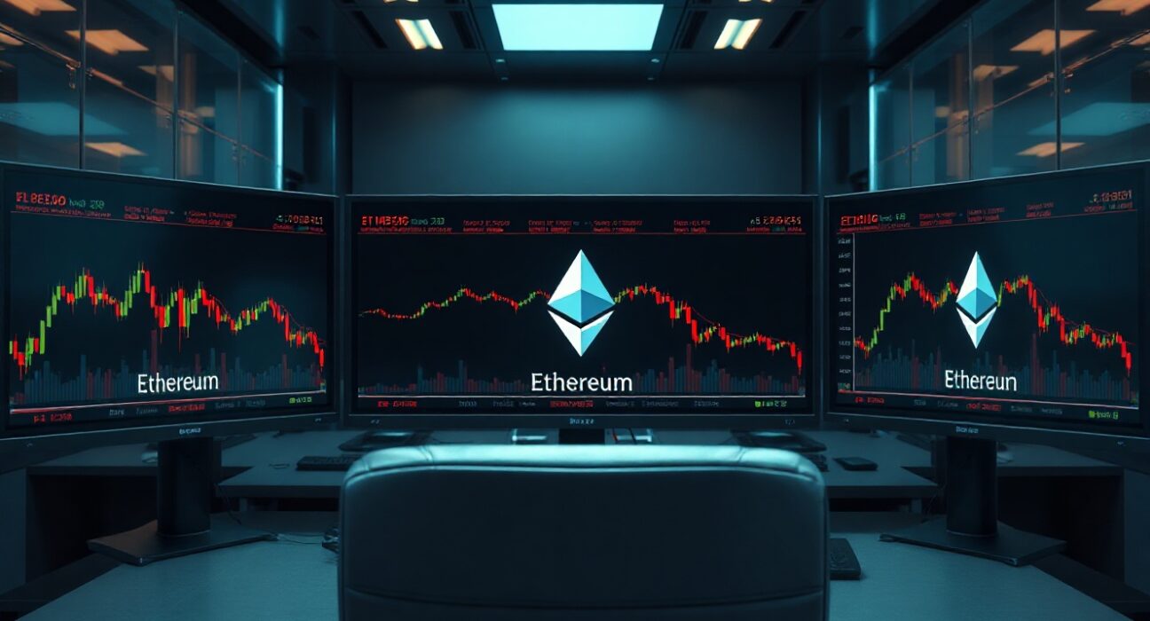 Ethereum price chart showing downward trend on multiple trading monitors in a dimly lit trading floor