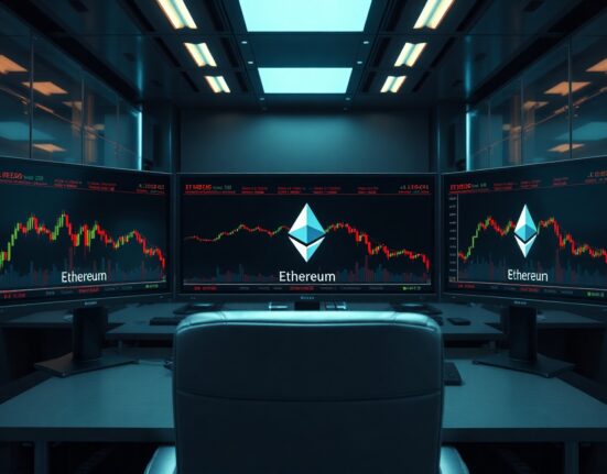 Ethereum price chart showing downward trend on multiple trading monitors in a dimly lit trading floor