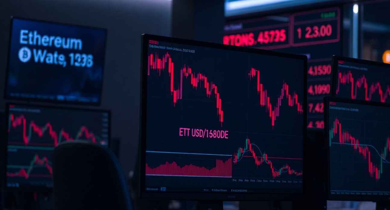 Trading desk monitors showing declining Ethereum and Bitcoin price charts in a dimly lit newsroom