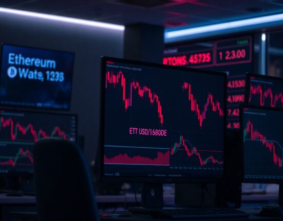 Trading desk monitors showing declining Ethereum and Bitcoin price charts in a dimly lit newsroom