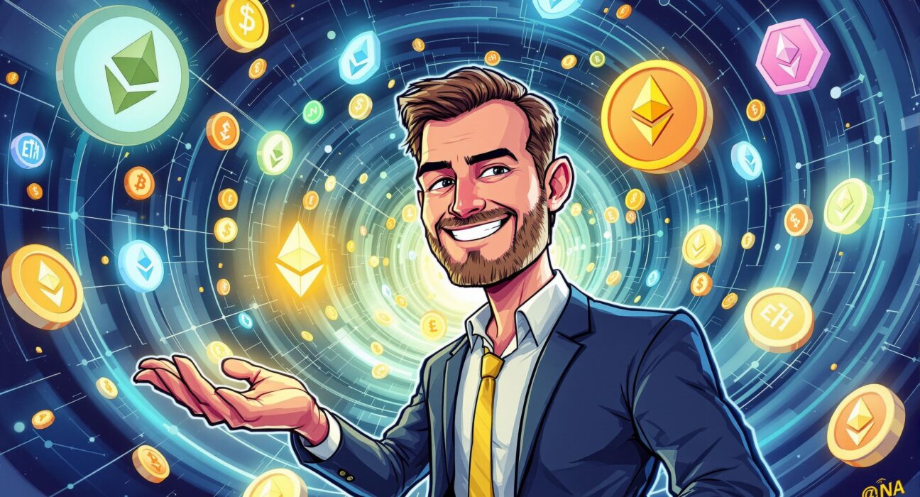 A cartoon illustration of Arthur Hayes making a strategic investment in the Ethereum ecosystem, surrounded by digital currency symbols.