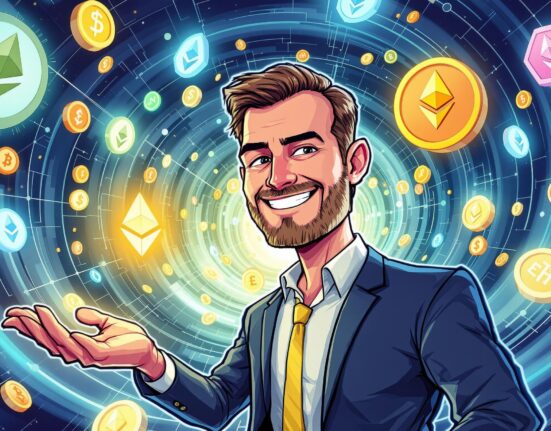 A cartoon illustration of Arthur Hayes making a strategic investment in the Ethereum ecosystem, surrounded by digital currency symbols.