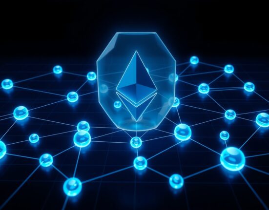 Conceptual visualization of Ethereum EEZ framework connecting multiple Layer 2 rollup networks for blockchain interoperability.