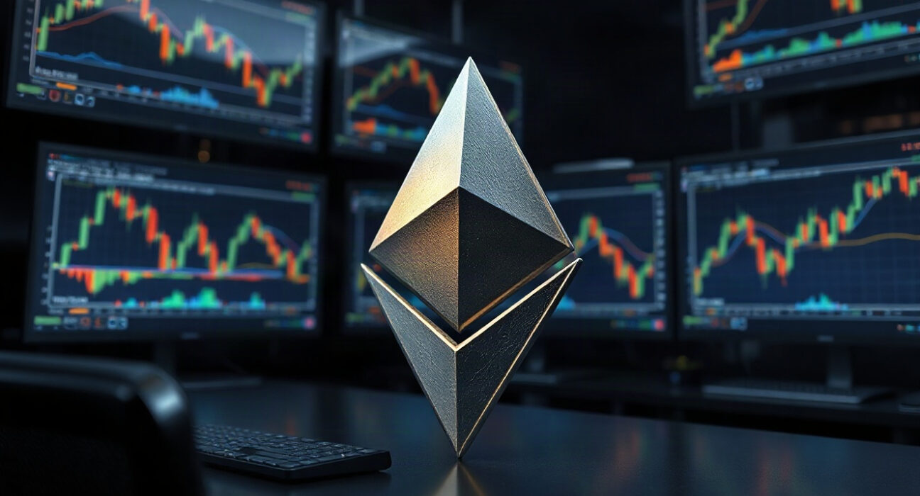 Ethereum symbol on a trading desk with charts in the background