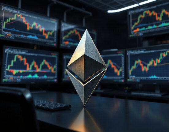 Ethereum symbol on a trading desk with charts in the background