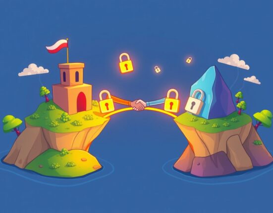 Cartoon illustration of secure cross-chain account links forming a bridge between two blockchains.