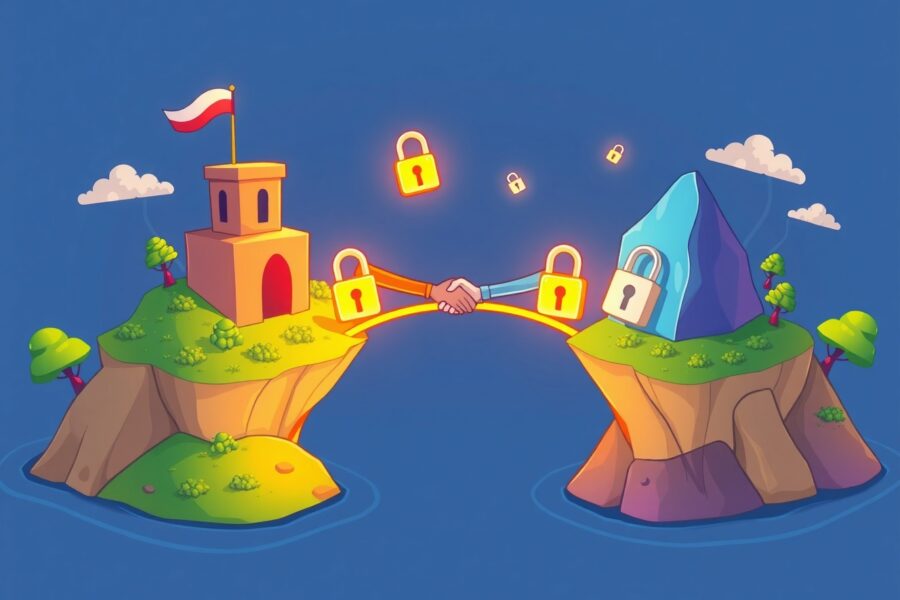 Cartoon illustration of secure cross-chain account links forming a bridge between two blockchains.